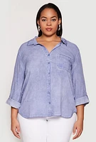 Womens Plus Acid Wash Button Front Shirt,