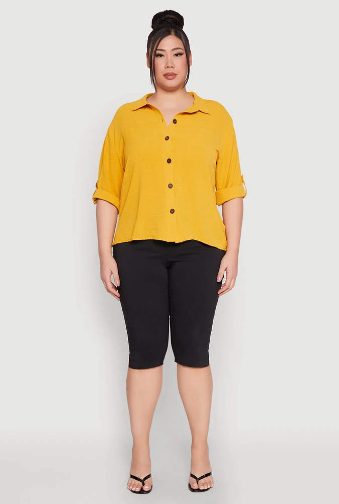 Womens Plus Airy Crepe Knit Tabbed Sleeve Shirt, Yellow,