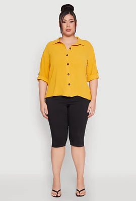 Womens Plus Airy Crepe Knit Tabbed Sleeve Shirt, Yellow,