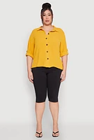 Womens Plus Airy Crepe Knit Tabbed Sleeve Shirt, Yellow,