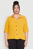 Womens Plus Airy Crepe Knit Tabbed Sleeve Shirt, Yellow,