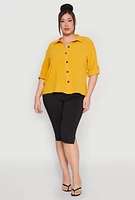 Womens Plus Airy Crepe Knit Tabbed Sleeve Shirt, Yellow,