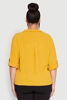 Womens Plus Airy Crepe Knit Tabbed Sleeve Shirt, Yellow,