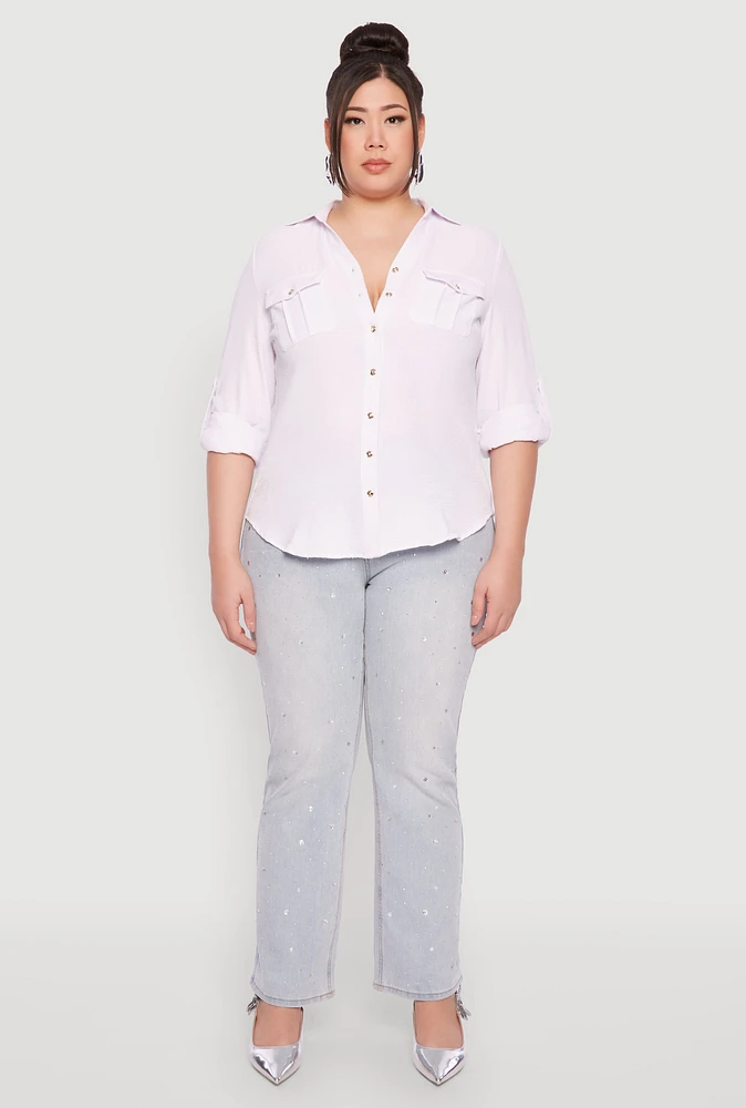 Womens Plus Size Airy Tabbed Sleeve Shirt, White, Size 2X