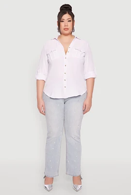 Womens Plus Size Airy Tabbed Sleeve Shirt, White, Size 2X