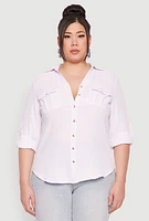 Womens Plus Size Airy Tabbed Sleeve Shirt, White, Size 2X