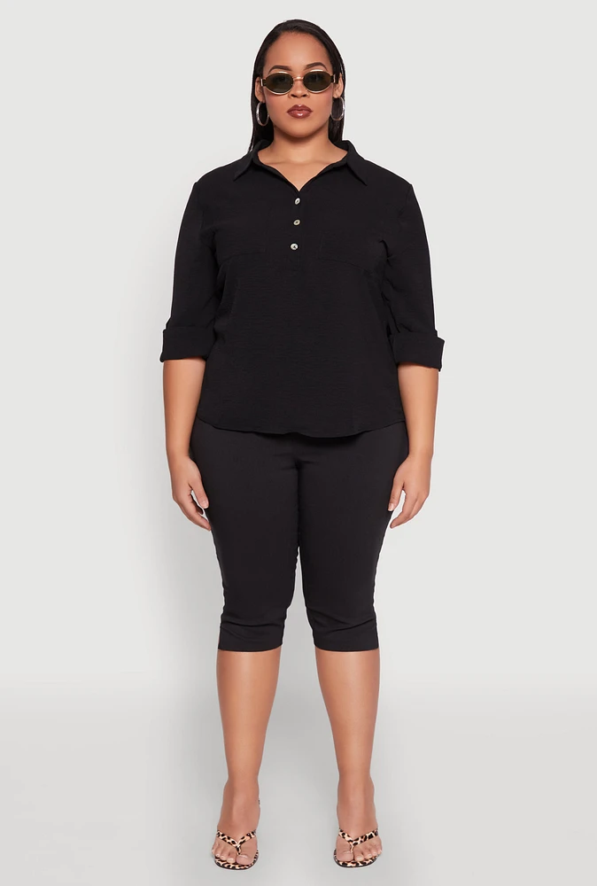 Womens Plus Airy Half Button Shirt,