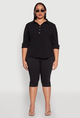 Womens Plus Airy Half Button Shirt,