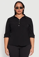Womens Plus Airy Half Button Shirt,
