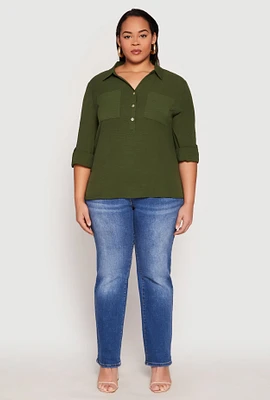 Womens Plus Airy Half Button Shirt,
