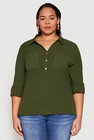 Womens Plus Airy Half Button Shirt,