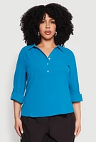 Womens Plus Size Airy Half Button Shirt, Blue, Size 1X