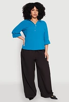 Womens Plus Size Airy Half Button Shirt, Blue, Size 1X