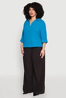Womens Plus Size Airy Half Button Shirt, Blue, Size 1X