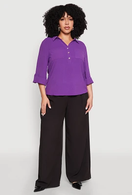 Womens Plus Airy Half Button Shirt,