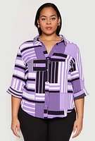 Womens Plus Size Abstract Striped Button Front Shirt, Purple, Size 2X