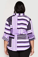 Womens Plus Size Abstract Striped Button Front Shirt, Purple, Size 2X