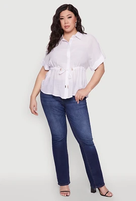 Womens Plus Size Drawstring Waist Shirt, White, Size 3X