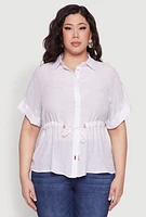 Womens Plus Size Drawstring Waist Shirt, White, Size 3X