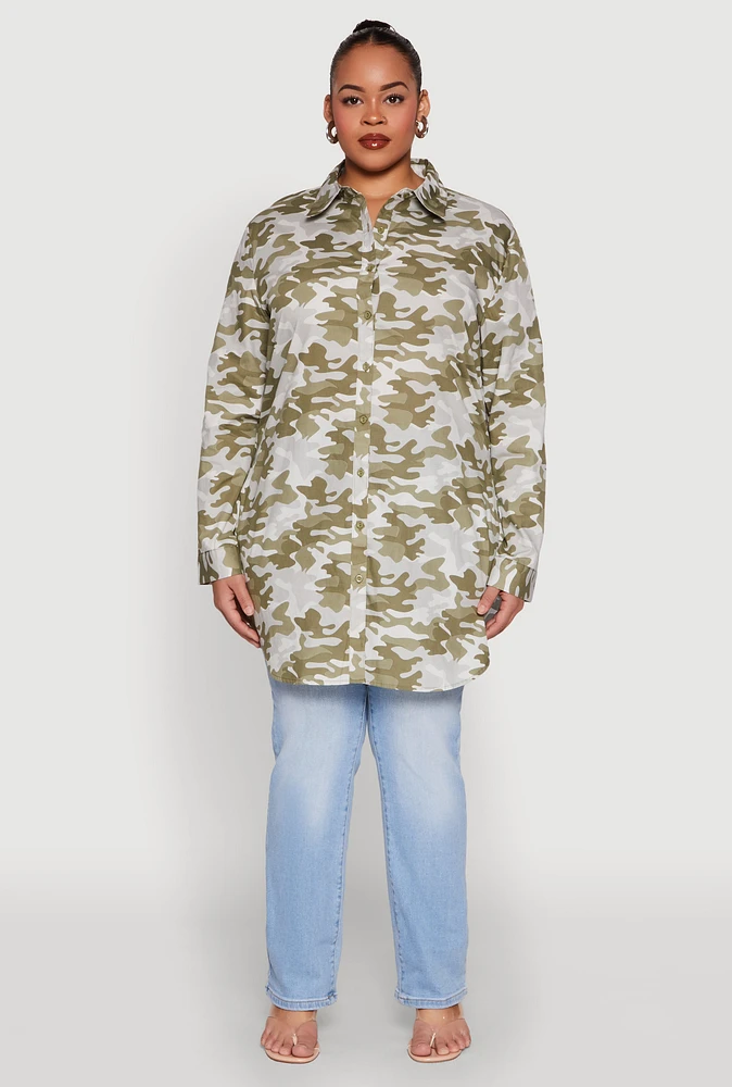 Womens Plus Size Camouflage Tunic Shirt, Multi, Size 1X
