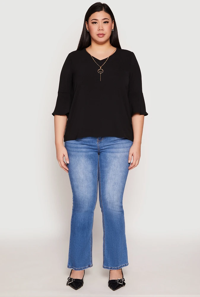 Womens Plus Airy Quarter Bell Sleeve Blouse,