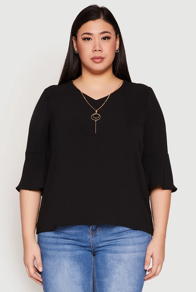 Womens Plus Size Airy Quarter Bell Sleeve Blouse, Black, Size 2X