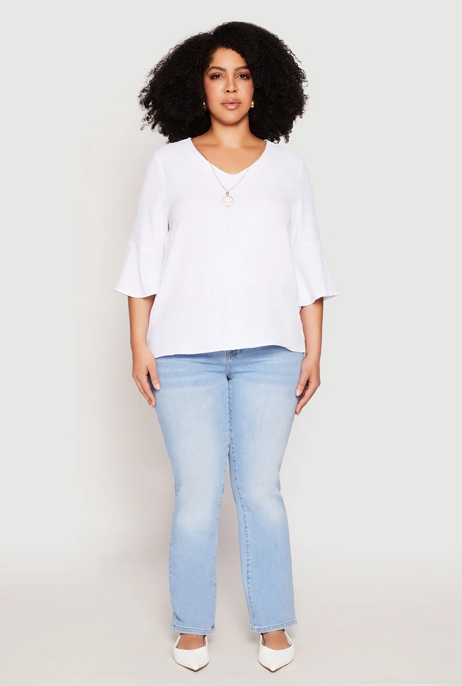Womens Plus Size Airy Quarter Bell Sleeve Blouse, White, Size 1X