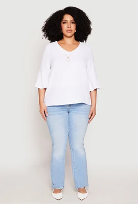 Womens Plus Size Airy Quarter Bell Sleeve Blouse, White, Size 1X