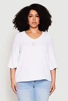 Womens Plus Size Airy Quarter Bell Sleeve Blouse, White, Size 3X