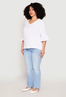 Womens Plus Size Airy Quarter Bell Sleeve Blouse, White, Size 3X