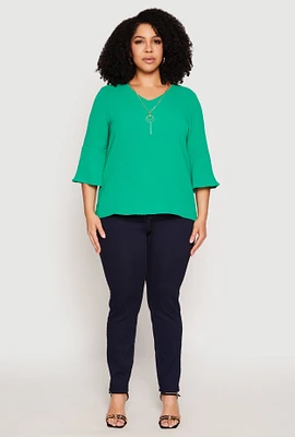 Womens Plus Size Airy Quarter Bell Sleeve Blouse, Green, Size 3X