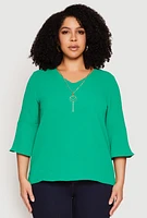 Womens Plus Size Airy Quarter Bell Sleeve Blouse, Green, Size 3X
