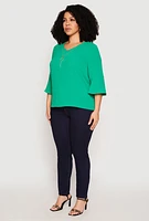 Womens Plus Size Airy Quarter Bell Sleeve Blouse, Green, Size 3X