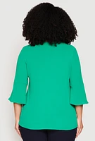 Womens Plus Size Airy Quarter Bell Sleeve Blouse, Green, Size 3X