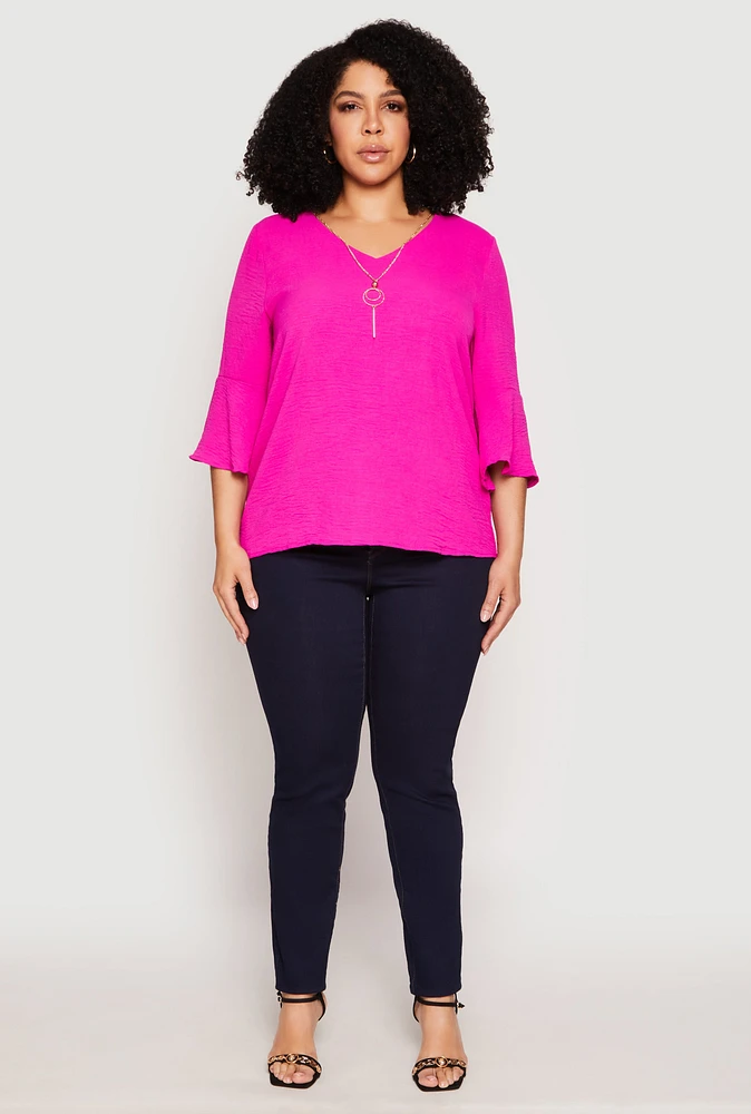Womens Plus Size Airy Quarter Bell Sleeve Blouse, Pink, Size 1X