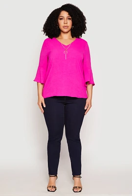 Womens Plus Size Airy Quarter Bell Sleeve Blouse, Pink, Size 1X