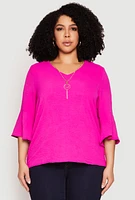 Womens Plus Size Airy Quarter Bell Sleeve Blouse, Pink, Size 1X