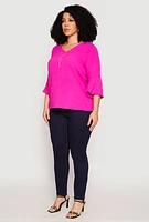 Womens Plus Size Airy Quarter Bell Sleeve Blouse, Pink, Size 1X