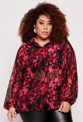 Womens Plus Size Chiffon Printed Pattern Shirt, Pink, Size 1X