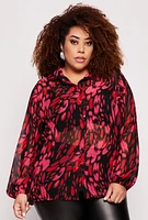 Womens Plus Size Chiffon Printed Pattern Shirt, Pink, Size 1X