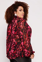 Womens Plus Size Chiffon Printed Pattern Shirt, Pink, Size 1X