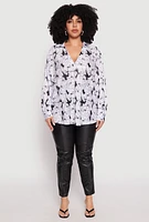 Womens Plus Size Plisse Face Print Johnny Collar Shirt, Multi, Size 2X