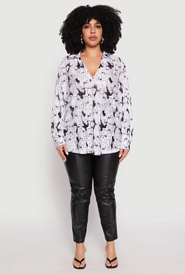 Womens Plus Size Plisse Face Print Johnny Collar Shirt, Multi, Size 3X