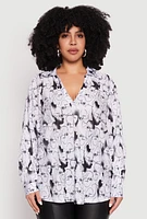 Womens Plus Size Plisse Face Print Johnny Collar Shirt, Multi, Size 3X