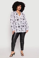 Womens Plus Size Plisse Face Print Johnny Collar Shirt, Multi, Size 3X