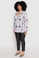Womens Plus Size Plisse Face Print Johnny Collar Shirt, Multi, Size 3X