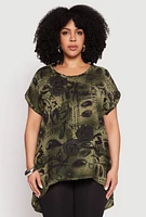 Womens Plus Size Printed Pattern High Low Top, Green, Size 3X