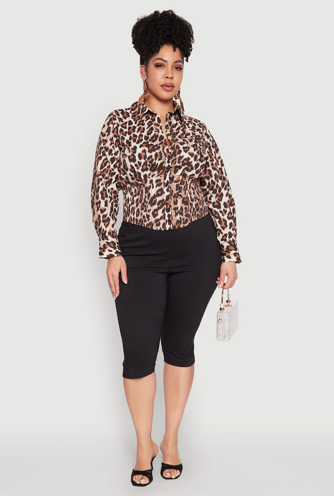 Womens Plus Leopard Print Smocked Waist Blouse, Brown,