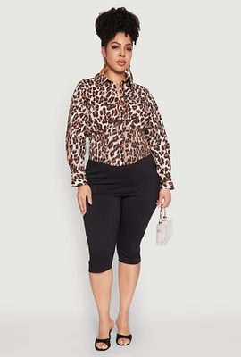 Womens Plus Leopard Print Smocked Waist Blouse, Brown,