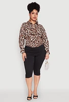 Womens Plus Leopard Print Smocked Waist Blouse, Brown,